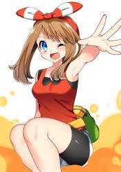 Rule 34 | 1girl, absurdres, armpits, bike shorts, blue eyes, blush, bow hairband, breasts, brown hair, commentary request, creatures (company), fanny pack, game freak, hairband, highres, knees, legs together, may (pokemon), nintendo, one eye closed, open mouth, pokemon, pokemon oras, red hairband, red shirt, shirt, shorts, sleeveless, sleeveless shirt, smile, solo, spread fingers, tongue, yuihico