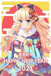 Rule 34 | 1girl, 2021, absurdres, black bow, blonde hair, blue eyes, blue flower, blue kimono, blush, bow, brown flower, closed mouth, egasumi, floral print, flower, fur collar, hair bow, hair flower, hair ornament, happy new year, highres, holmemee, japanese clothes, kimono, long hair, long sleeves, looking at viewer, nail polish, new year, pointy ears, ponytail, princess connect!, print kimono, red background, red flower, red nails, saren (princess connect!), smile, solo, translation request, two-tone background, very long hair, wide sleeves, yellow background