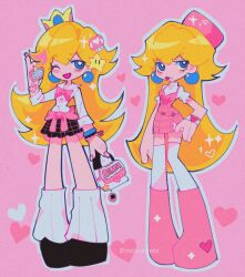 1girl alternate_costume bag blonde_hair blue_eyes crown dress dual_persona earrings gloves gyaru jewelry long_hair looking_at_viewer mario mario_(series) meowwniz nintendo panty_&amp;_stocking_with_garterbelt_(style) parody princess_peach smile solo sphere_earrings super_mushroom super_star_(mario) tongue tongue_out