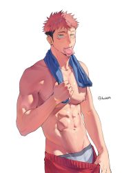 Rule 34 | 1boy, abs, bara, brown eyes, clothes pull, condom, condom in mouth, condom wrapper, facial mark, grey male underwear, highres, itadori yuuji, jujutsu kaisen, large pectorals, male focus, male underwear, male underwear peek, mawaru (ajan), mouth hold, muscular, muscular male, navel, nipple piercing, nipples, pectorals, piercing, pink hair, pulled by self, red shorts, scar, scar on face, short hair, shorts, shorts pull, simple background, solo, towel, towel around neck, twitter username, undercut, underwear, white background