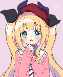 Rule 34 | 1girl, absurdres, bad id, bad twitter id, blonde hair, blunt bangs, blush, commentary request, drill hair, drill sidelocks, green eyes, heart, highres, kuma daigorou, long sleeves, looking at viewer, mononobe alice, necktie, nijisanji, open mouth, purple background, sidelocks, simple background, sketch, solo, twintails, twintails day, upper body, virtual youtuber