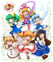 Rule 34 | 6+girls, american flag dress, american flag legwear, american flag shirt, ascot, barefoot, blonde hair, blue dress, blue eyes, blue hair, blush, boots, bow, breasts, brown footwear, brown hair, capelet, cirno, clenched hand, clownpiece, constricted pupils, crystal sword, daiyousei, dress, drill hair, fairy wings, fang, flat chest, flower, frilled dress, frills, green eyes, green hair, hair bow, happy, hat, hat bow, headdress, hime cut, ice, ice wings, jester cap, lily black, lily white, long hair, long sleeves, looking at viewer, luna child, mary janes, multiple girls, nitamago, open hand, open mouth, outstretched arm, outstretched arms, own hands together, pantyhose, purple eyes, red dress, sandals, shoes, short dress, short hair, short sleeves, side ponytail, star sapphire, sunny milk, sweatdrop, sword, touhou, tripping, two side up, very long hair, weapon, white dress, wings