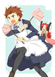 Rule 34 | &gt; &lt;, 00s, 2boys, alternate costume, apron, brown eyes, brown hair, closed eyes, dress, gloves, happy, headband, heart, lloyd irving, long hair, maid, maid apron, male focus, mikan (pixiv1817678), multiple boys, open mouth, pantyhose, red hair, ribbon, short hair, simple background, spiked hair, tales of (series), tales of symphonia, text focus, translation request, zelos wilder