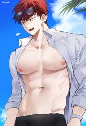 Rule 34 | 1boy, abs, absurdres, cloud, collared shirt, day, eyewear on head, highres, large pectorals, male focus, muscular, muscular male, navel, nipples, open clothes, open mouth, open shirt, original, outdoors, pectorals, red hair, shirt, short hair, sky, smile, sunglasses, timy505, watch, white shirt, wristwatch