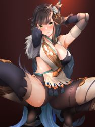 Rule 34 | 1girl, absurdres, armpits, arms up, asymmetrical legwear, black background, black hair, blush, breasts, cleavage, commentary request, gradient background, granblue fantasy, green eyes, hair ornament, highres, large breasts, long hair, looking at viewer, mr2d, parted lips, polearm, red background, shura (granblue fantasy), skindentation, solo, squatting, thighs, tiptoes, uneven legwear, very long hair, weapon