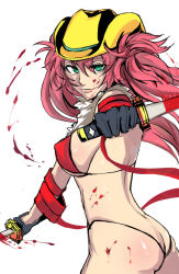 Rule 34 | 1girl, ass, back, black gloves, blood, blood on face, blood splatter, breasts, butt crack, covered erect nipples, cowboy hat, cowboy shot, dual wielding, g-string, gloves, green eyes, hat, holding, kagura (oneechanbara), large breasts, long hair, oneechanbara, panties, pink hair, reverse grip, ribbon, simple background, smile, solo, swimsuit, sword, thong, twintails, underboob, underwear, weapon, yggdrasil (664018742)