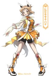 Rule 34 | 1girl, :d, adapted costume, alternate costume, black shorts, blonde hair, boots, commentary request, eyelashes, fingerless gloves, gloves, hair ornament, hairclip, happy, highres, knee boots, kneehighs, looking at viewer, open mouth, orange skirt, senki zesshou symphogear, senki zesshou symphogear xd unlimited, shorts, shorts under skirt, simple background, skirt, smile, socks, solo, standing, tachibana hibiki (symphogear), translation request, twitter username, white background, yellow eyes, yukitsuba hina