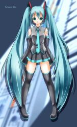 Rule 34 | 1girl, aqua eyes, arms at sides, ashita yaru, black skirt, black sleeves, black thighhighs, blue hair, blue necktie, boots, character name, closed mouth, collared shirt, detached sleeves, frown, grey shirt, hatsune miku, headphones, legs apart, light blue hair, long hair, long sleeves, microphone, miniskirt, necktie, number tattoo, pleated skirt, shirt, shoulder tattoo, skirt, solo, standing, straight-on, tattoo, thigh boots, thighhighs, very long hair, vocaloid