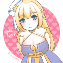 Rule 34 | 1girl, arch bishop (ragnarok online), arms behind back, blonde hair, blue dress, blue eyes, blush, bow, breasts, cleavage, cleavage cutout, closed mouth, clothing cutout, commentary request, cowboy shot, cross, dated, dress, hat, hat bow, hat ornament, heart, large breasts, long hair, looking at viewer, pillbox hat, ragnarok masters, ragnarok online, sash, smile, solo, star (symbol), star hat ornament, striped, striped bow, tomo-graphy, twitter username, two-tone dress, white bow, white dress, white hat, yellow sash