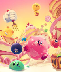 Rule 34 | absurdres, bat wings, blue skin, blush stickers, candle, candy, colored skin, cosplay, disembodied limb, food, food on face, fork, fruit, green skin, highres, holding, holding fork, ice cream, icing, kirby, kirby&#039;s dream buffet, kirby (series), knife, lollipop, mask, meta knight, meta knight (cosplay), nintendo, no humans, orb, pancake, pink skin, smile, strawberry, suyasuyabi, twitter username, waddle dee, waddle doo, waffle, wings, yellow skin