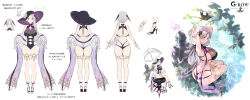 1girl armpits arms_up bikini blue_eyes breasts character_sheet expressionless from_behind full_body grey_hair hand_in_own_hair heterochromia highres hlidskjalf kneepits lake large_breasts looking_back official_alternate_costume official_art open_mouth phantom_of_the_kill plant purple_bikini purple_eyes ripples simple_background sitting solo squirrel straight-on swimsuit to_maru water waterfall wet wet_hair white_background