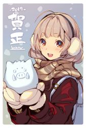 Rule 34 | 1girl, ahoge, artist name, backpack, bag, blue background, blush, boar, border, brown eyes, brown scarf, coat, commentary request, earmuffs, enpera, holding, kotatsu (g-rough), long sleeves, looking at viewer, medium hair, mittens, original, plaid, plaid scarf, red coat, round teeth, scarf, snow sculpture, solo, tareme, teeth, upper body, upper teeth only, white border, winter clothes, winter coat