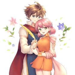 Rule 34 | 1boy, 1girl, ahoge, belt, blue eyes, breasts, brown hair, bartz klauser, cape, closed mouth, dress, earrings, final fantasy, final fantasy v, flower, green eyes, holding, jewelry, lenna charlotte tycoon, looking at viewer, medium hair, music box, negitoro now, open mouth, pink hair, plant, quill, short hair, simple background, smile, white background