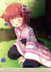 Rule 34 | 1girl, :d, ^ ^, absurdres, ahoge, animal ears, arm support, blue flower, blue rose, blush, bob cut, bow, brown hair, character request, cherry blossom print, closed eyes, copyright request, dappled sunlight, day, dog ears, dot nose, ear ribbon, facing viewer, flat chest, floral print, flower, grass, happy, highres, japanese clothes, kimono, leaning forward, miyasaka miyu, obi, open mouth, outdoors, raised eyebrows, ribbon, rose, sash, scan, short hair, sitting, smile, solo, sunlight, text focus, translation request, tree, tree shade, under tree, v arms, wariza, white ribbon, wide sleeves