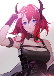Rule 34 | 1girl, arknights, armband, armpits, bare shoulders, belt, black belt, black dress, chest belt, detached collar, dress, gradient background, grey background, hair between eyes, hair intakes, highres, horns, id card, infection monitor (arknights), long hair, looking at viewer, molianmengdada, purple eyes, red hair, short dress, solo, surtr (arknights), zipper pull tab