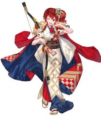 Rule 34 | 1girl, anna (fire emblem), bow (weapon), coin hair ornament, female focus, fire emblem, fire emblem heroes, full body, hair ornament, hanekoto, highres, japanese clothes, kimono, looking at viewer, matching hair/eyes, nintendo, obi, official art, one eye closed, open mouth, red eyes, red hair, sandals, sash, smile, solo, tabi, transparent background, weapon, white legwear, wink