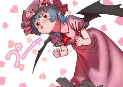Rule 34 | 1girl, bat wings, bent over, blowing kiss, blush, clenched hands, dress, hat, heart, heart background, highres, mob cap, pink dress, pointy ears, puffy sleeves, remilia scarlet, sendai (nazonomono), short sleeves, solo, touhou, wings