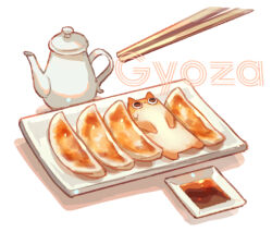 Rule 34 | cat, chopsticks, dumpling, food, food-themed creature, food focus, food name, jiaozi, no humans, original, plate, sauce, soy sauce, suzaku (zaku6584), teapot