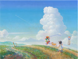 Rule 34 | 1boy, 1girl, acrylic paint (medium), aircraft, airplane, black hair, blue sky, bus stop, butterfly net, cloud, contrail, day, dog, dress, flip-flops, floral print, flower, from behind, grass, hair flower, hair ornament, hand net, hat, insect cage, mountain, original, outdoors, painting (medium), running, sandals, shiraishi takashi, shoes, short hair, signature, sky, sneakers, straw hat, stream, sundress, traditional media, wide shot, wire fence