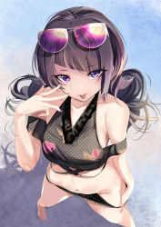 Rule 34 | 1girl, :p, bare shoulders, bikini, bikini pull, clothes pull, diagonal bangs, eyewear on head, from above, halterneck, highres, idolmaster, idolmaster shiny colors, looking at viewer, navel, pulled by self, purple eyes, purple hair, schreibe shura, solo, sunglasses, swimsuit, tanaka mamimi, tongue, tongue out