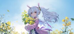 Rule 34 | 1girl, absurdres, animal ears, azur lane, blue sky, blush, camisole, choker, closed mouth, commentary, dot mouth, dysoor, english commentary, fake animal ears, flower, hairband, highres, holding, holding flower, jacket, laffey (azur lane), leaf, long hair, long sleeves, open clothes, open jacket, outdoors, pink jacket, purple choker, rabbit ears, red hairband, ribbon choker, sky, solo, strap slip, twintails, upper body, white hair