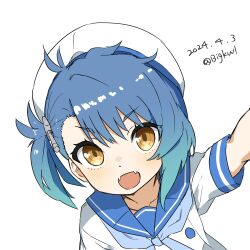 Rule 34 | 1girl, absurdres, bigkwl, blue hair, blue neckerchief, blue sailor collar, brown eyes, dated, fangs, fukae (kancolle), gradient hair, hat, highres, kantai collection, looking at viewer, multicolored hair, neckerchief, one-hour drawing challenge, sailor collar, sailor hat, sailor shirt, school uniform, serafuku, shirt, short sleeves, side ponytail, simple background, solo, twitter username, upper body, white background, white hat