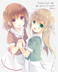 Rule 34 | 2girls, :d, :o, bad id, bad pixiv id, blush, braid, brown hair, brown shirt, commentary request, fingernails, green eyes, green shirt, grey background, hair between eyes, holding hands, interlocked fingers, light brown hair, long hair, looking at viewer, looking to the side, milestone celebration, multiple girls, necktie, open mouth, original, parted lips, pleated skirt, purple eyes, sailor collar, school uniform, serafuku, shiiba nae, shirt, simple background, skirt, smile, teeth, thank you, translation request, upper teeth only, very long hair, white neckwear, white sailor collar, white skirt
