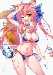 Rule 34 | 1girl, animal ears, bad id, bad pixiv id, bikini, blue bikini, breasts, cleavage, collarbone, fang, fate/grand order, fate (series), fox ears, fox tail, groin, hair ribbon, highres, large breasts, long hair, looking at viewer, meion, navel, one eye closed, open mouth, pink hair, ribbon, simple background, solo, swimsuit, tail, tamamo (fate), tamamo (fate), tamamo cat (fate), tamamo no mae (fate/extra), tamamo no mae (swimsuit lancer) (fate), wet, white background, yellow eyes
