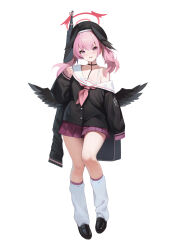 Rule 34 | 1girl, beret, black bag, black footwear, black hat, black shirt, black wings, blue archive, blush, commentary request, feathered wings, full body, gun, halo, hand up, hat, head wings, highres, koharu (blue archive), loafers, long hair, long sleeves, looking at viewer, loose socks, low wings, neckerchief, open mouth, pink eyes, pink hair, pink neckerchief, pink skirt, pleated skirt, red halo, school uniform, serafuku, shirt, shoes, simple background, single-shoulder shirt, single bare shoulder, skirt, sleeves past fingers, sleeves past wrists, socks, solo, standing, tachi-e, tattoo, ttt (5274293), twintails, weapon, white background, white socks, wings