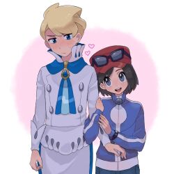 Rule 34 | 2boys, :d, age difference, apron, ascot, black-framed eyewear, black hair, blue ascot, blue jacket, bracelet, buttons, calem (pokemon), commentary request, creatures (company), eyewear on headwear, game freak, grey eyes, hat, heart, height difference, high collar, highres, jacket, jewelry, locked arms, long sleeves, male focus, multiple boys, nintendo, open mouth, pokemon, pokemon xy, red headwear, sana (37pisana), shirt, short hair, siebold (pokemon), smile, sunglasses, teeth, tongue, turtleneck, turtleneck jacket, upper teeth only, waist apron, white shirt, yaoi