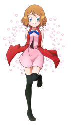 Rule 34 | 1girl, arms behind back, bad id, bad twitter id, black thighhighs, blue eyes, blue ribbon, blush, brown hair, collarbone, creatures (company), game freak, highres, kouzuki (reshika213), leg up, looking at viewer, miniskirt, neck ribbon, nintendo, pencil skirt, pink shirt, pink skirt, pokemon, pokemon (anime), pokemon xy (anime), ribbon, serena (pokemon), shirt, short hair, skirt, sleeveless, sleeveless shirt, smile, solo, standing, standing on one leg, thighhighs, white background, zettai ryouiki