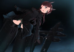 Rule 34 | 1girl, a9b (louis814), absurdres, aircraft, airplane, alternate costume, animal ears, brown eyes, flying, gloves, gluteal fold, highres, long hair, long sleeves, military, military uniform, minna-dietlinde wilcke, open mouth, panties, pantyshot, red hair, red panties, solo, strike witches, striker unit, tail, underwear, uniform, vehicle request, wolf ears, wolf tail, world witches series