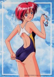 Rule 34 | 1990s (style), 1girl, adjusting clothes, adjusting swimsuit, ass, blue eyes, blush, company name, competition swimsuit, copyright notice, cowboy shot, day, framed, goggles, highres, hinomoto hikari, holding, holding goggles, kokura masashi, looking at viewer, mole, mole under eye, non-web source, official art, one-piece swimsuit, red hair, retro artstyle, short hair, sky, solo, swimsuit, tokimeki memorial, tokimeki memorial 2, wet