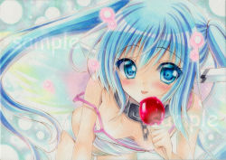 Rule 34 | 1girl, bent over, blouse, blue eyes, blue hair, blush, breasts, candy, candy apple, chain, cleavage, collar, downblouse, food, hair between eyes, hanging breasts, holding, holding candy, holding food, holding lollipop, leaning forward, lollipop, long hair, looking at viewer, matching hair/eyes, medium breasts, metal collar, midriff, no bra, nymph (sora no otoshimono), panties, sample watermark, shirt, sleeveless, sleeveless shirt, smile, solo, sora no otoshimono, stomach, strap slip, tank top, tongue, tongue out, traditional media, twintails, underwear, very long hair, wakaba0801, watermark, white shirt