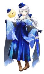Rule 34 | 1girl, absurdres, arms at sides, black gloves, black shawl, blue bow, blue eyes, blue hakama, blue hat, blue kimono, blue skirt, boots, bow, brown footwear, chocopanda (utaite), cross-laced footwear, fenrir (fenlil0316), floral print, fur scarf, gloves, grey hair, hair bow, hakama, hakama skirt, half gloves, hat, highres, indie utaite, japanese clothes, kimono, knee boots, lace-up boots, large bow, long hair, looking at viewer, low ponytail, nape braid, official art, open mouth, pinching sleeves, pleated skirt, print kimono, scarf, shawl, sidelocks, simple background, skirt, solo, tilted headwear, utaite, w arms, white background, white scarf