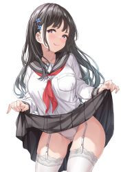 Rule 34 | 1girl, black sailor collar, black skirt, blush, brown hair, collarbone, garter straps, green hair, hair ornament, hairpin, highres, holding, holding clothes, holding skirt, long hair, long sleeves, looking at viewer, multicolored hair, neckerchief, original, panties, pleated skirt, red eyes, red neckerchief, sailor collar, school uniform, serafuku, simple background, skirt, smile, solo, thighhighs, tongue, tongue out, underwear, white background, white panties, white serafuku, white thighhighs, wing (aiastor)