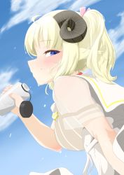 Rule 34 | 1girl, absurdres, blonde hair, blue eyes, blue sky, bottle, broomstruck, cloud, drinking, dripping, highres, holding, holding bottle, hololive, horns, leaning forward, looking at viewer, looking to the side, pointy ears, ponytail, school uniform, serafuku, sheep horns, sky, smile, sweat, tsunomaki watame, tsunomaki watame (street casual), virtual youtuber, water bottle