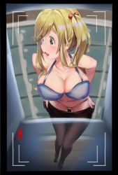 Rule 34 | 1girl, :d, black pantyhose, blue bra, blush, bra, breasts, changing room, cleavage, clothes pull, eyebrows, full body, green eyes, inuyama aoi, kakumayu, large breasts, leaning forward, locker, navel, open mouth, pantyhose, pantyhose pull, peeking, recording, removing legwear, side ponytail, smile, solo, standing, thick eyebrows, underwear, undressing, voyeurism, yurucamp