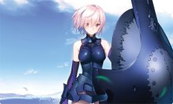 Rule 34 | 1girl, armor, bare shoulders, blue sky, blurry, breasts, cloud, cowboy shot, day, depth of field, elbow gloves, fate/grand order, fate (series), gloves, groin, hair between eyes, leotard, light smile, looking at viewer, mash kyrielight, medium breasts, outdoors, pink hair, purple eyes, shield, sky, solo, yangsion