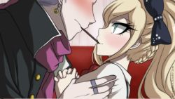 Rule 34 | 1boy, 1girl, black bow, black jacket, blonde hair, blush, bow, braid, commentary, couch, criis-chan, danganronpa (series), danganronpa 2: goodbye despair, earrings, eye contact, food, french braid, from side, green eyes, grey hair, hair bow, own hands clasped, head out of frame, hetero, imminent kiss, jacket, jewelry, long hair, long sleeves, looking at another, mouth hold, own hands together, pocky, ponytail, puffy short sleeves, puffy sleeves, purple scarf, ring, scarf, short sleeves, shoulder grab, smile, sonia nevermind, tanaka gundham, watermark, web address