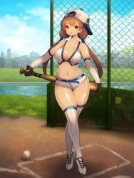 Rule 34 | 1girl, ball, baseball, baseball bat, baseball cap, breasts, brown gloves, brown hair, day, fence, gloves, green eyes, hat, large breasts, long hair, looking at viewer, medium breasts, navel, original, short shorts, shorts, smile, solo, standing, thighhighs, toriseru (rare stone)