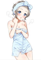 Rule 34 | 1girl, :o, alternate hairstyle, blue eyes, blush, breasts, brown hair, cleavage, commentary request, cowboy shot, forehead, highres, looking at viewer, love live!, love live! sunshine!!, medium breasts, naked towel, open mouth, sankuro (agoitei), short hair, simple background, solo, standing, steam, teeth, towel, towel on head, watanabe you, wet, white background, white towel