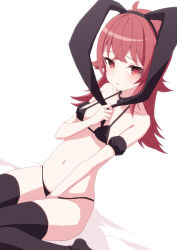 Rule 34 | 1girl, animal ears, bad id, bad pixiv id, bare shoulders, bed sheet, between legs, bikini, black bikini, black collar, black hairband, black thighhighs, blush, breasts, collar, collarbone, commentary request, fake animal ears, hairband, hand between legs, hand up, idolmaster, idolmaster shiny colors, komiya kaho, long hair, navel, no shoes, oueo, parted lips, rabbit ears, red eyes, red hair, sitting, small breasts, solo, swimsuit, thighhighs, wariza, white background