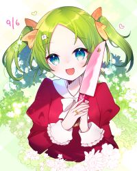 Rule 34 | 1girl, :d, aya (aya op10s), blue eyes, bow, bowtie, dress, elona, floral background, flower, green background, green hair, hair ornament, hair ribbon, hairclip, hands up, heart, holding, holding knife, jewelry, juliet sleeves, knife, long sleeves, looking at viewer, open mouth, own hands together, pink bow, puffy sleeves, red dress, ribbon, ring, smile, solo, sparkling eyes, twintails, upper body, w arms, white bow, white bowtie, younger sister (elona)