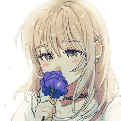 Rule 34 | 1girl, black choker, blue flower, blush, choker, commentary, earclip, flower, girls band cry, grey eyes, habsida (habsida hpy), hand up, highres, holding, holding flower, kawaragi momoka, light brown hair, long hair, multicolored hair, roots (hair), shirt, simple background, solo, upper body, white background, white shirt