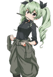 Rule 34 | 10s, 1girl, anchovy (girls und panzer), black ribbon, black shirt, drill hair, girls und panzer, grey eyes, hair ribbon, highres, long hair, looking at viewer, military, military uniform, mouth hold, purple eyes, ribbon, riding crop, shirt, simple background, solo, twin drills, uniform, whip, white background, yamamoto souichirou