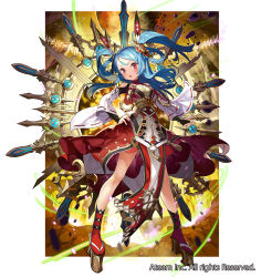 Rule 34 | &gt;:o, 1girl, :o, amaterasu (valkyrie connect), blue hair, blush, braid, breasts, clog sandals, detached sleeves, dress, floating hair, full body, gaou (umaiyo puyoman), hair rings, hand on own hip, legs apart, long hair, looking at viewer, official art, okobo, open mouth, pelvic curtain, platform clogs, red dress, red eyes, red socks, sandals, small breasts, socks, solo, standing, tabi, v-shaped eyebrows, valkyrie connect, watermark