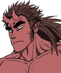 Rule 34 | 1boy, bad id, bad twitter id, balnom, bara, brown hair, colored skin, facial hair, highres, horns, huge eyebrows, large pectorals, long sideburns, looking at viewer, male focus, mature male, muscular, muscular male, nude, oni, original, pectorals, portrait, red oni, red skin, sanpaku, sideburns, sideburns stubble, skin-covered horns, solo, stubble, tsurime