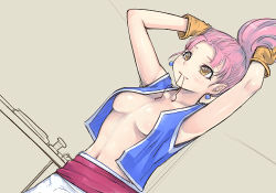 Rule 34 | 1girl, adjusting hair, armpits, bad id, bad pixiv id, breasts, chunsoft, dragon quest, dragon quest iii, earrings, elf, enix, gloves, jewelry, lowres, mahito, merchant (dq3), mouth hold, no bra, open clothes, open shirt, pink hair, pointy ears, shirt, solo, vest, yellow eyes