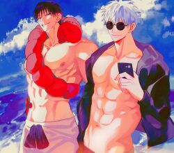 Rule 34 | 2boys, abs, black hair, blue eyes, blue sky, cellphone, cloud, fushiguro touji, gojou satoru, green eyes, highres, holding, holding phone, jujutsu kaisen, looking at viewer, male focus, male swimwear, monster, multiple boys, muscular, muscular male, navel, nipples, outdoors, parted lips, pectorals, phone, scar, scar on face, scar on mouth, shenshan laolin, short hair, sky, smartphone, smile, smirk, summer, sunglasses, swim trunks, swimsuit, topless male, water, white hair, white male swimwear, white swim trunks